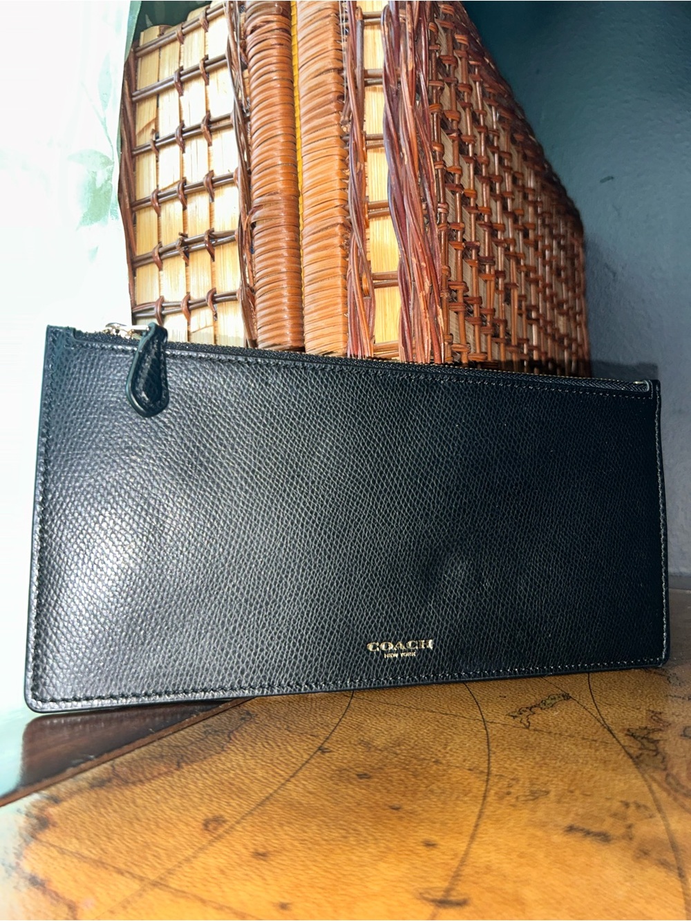 Coach Black Pebbled Leather Long Slim Zip Clutch Pouch Wallet -EUC-